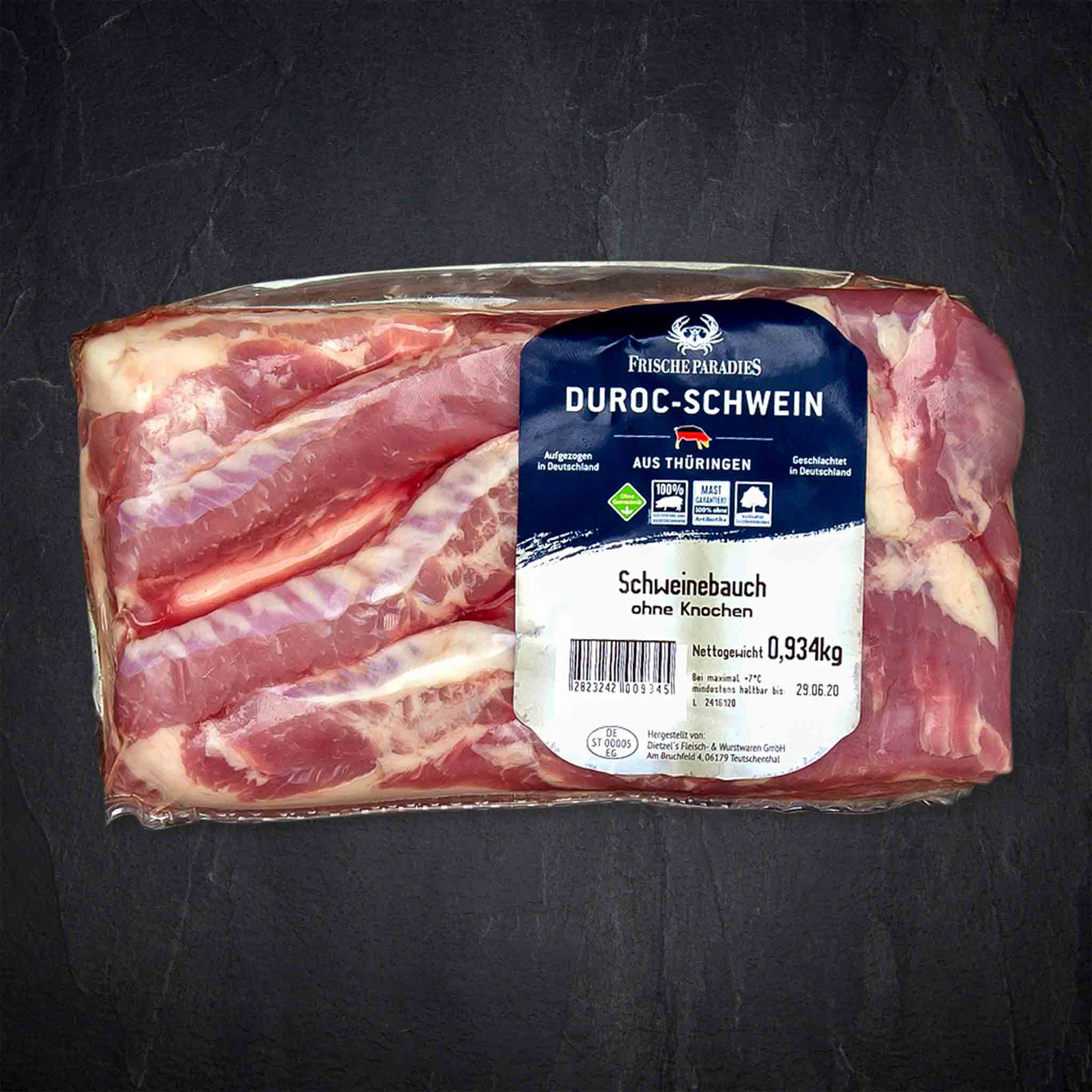  Duroc Schweinebauch ohne Knochen mit Schwarte