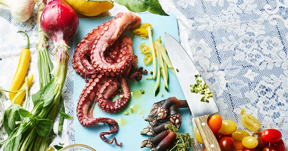 Tintenfisch Kategorie Pulpo seviert auf einem Plastikbrett